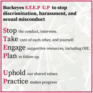 Buckeyes S.T.E.P U.P to stop discrimination, harassment, and sexual misconduct Stop the conduct, intervene. Take care of each other, and yourself. Engage supportive resources, including OIE. Plan to follow up. Uphold our shared values Practice makes progress